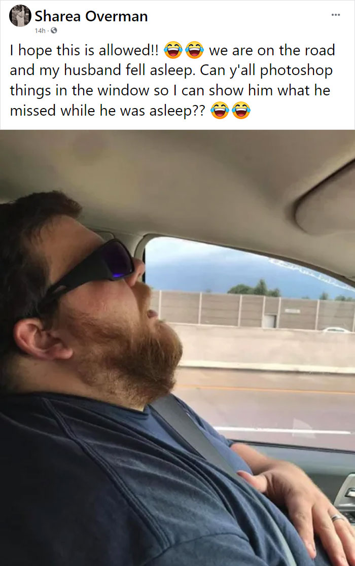 On a road trip, a man falls asleep, and his wife asks passersby to